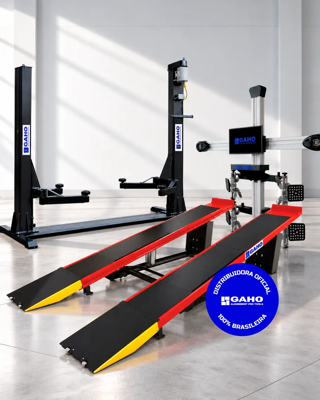 Elevador automotivo, rampa de alinhamento e alinhador 3D GAHO, com o selo Distribuidora Oficial GAHO 100% brasileira